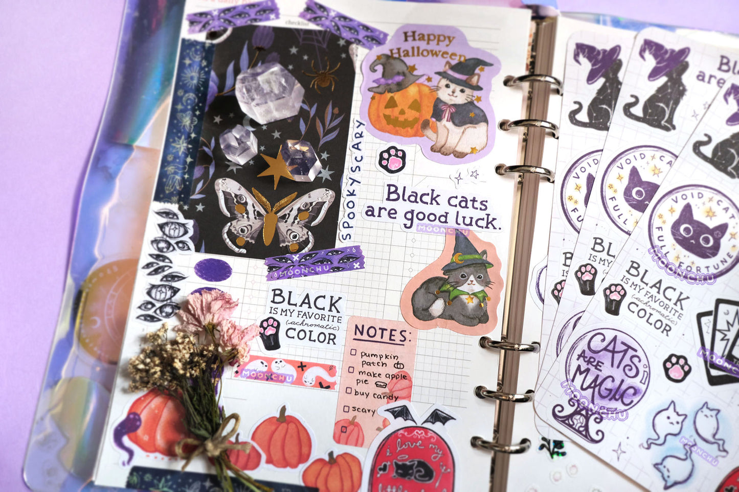 i love black cats forever halloween sticker sheet, witchy black cat stationery