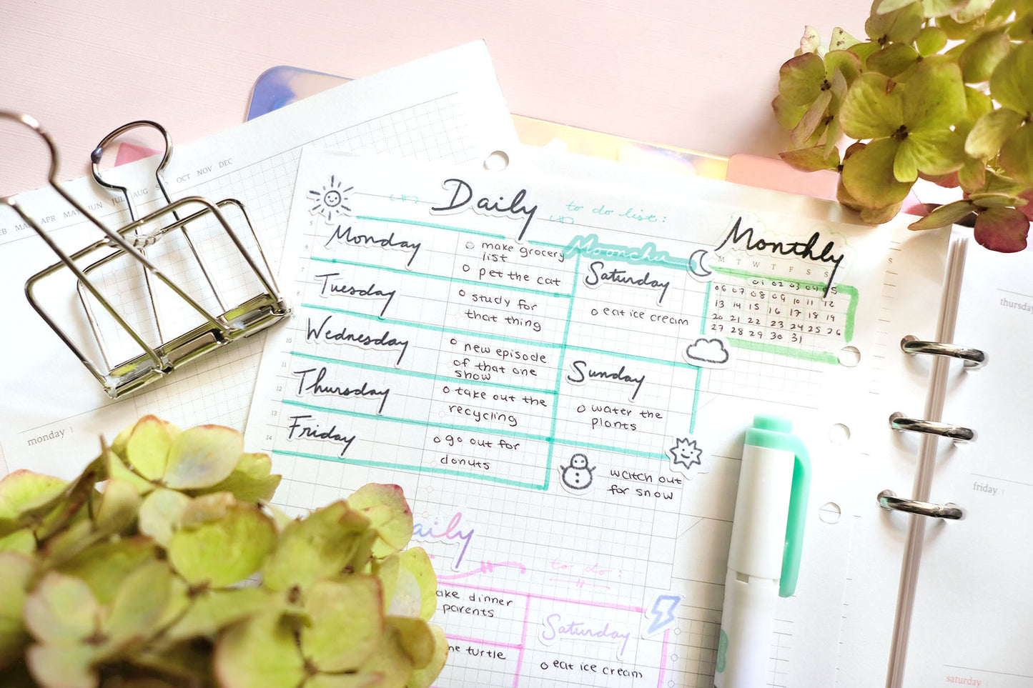 colorful / b&w ITALICS CURSIVE weekly daily monthly productivity planner sticker sheet, typography script stickers