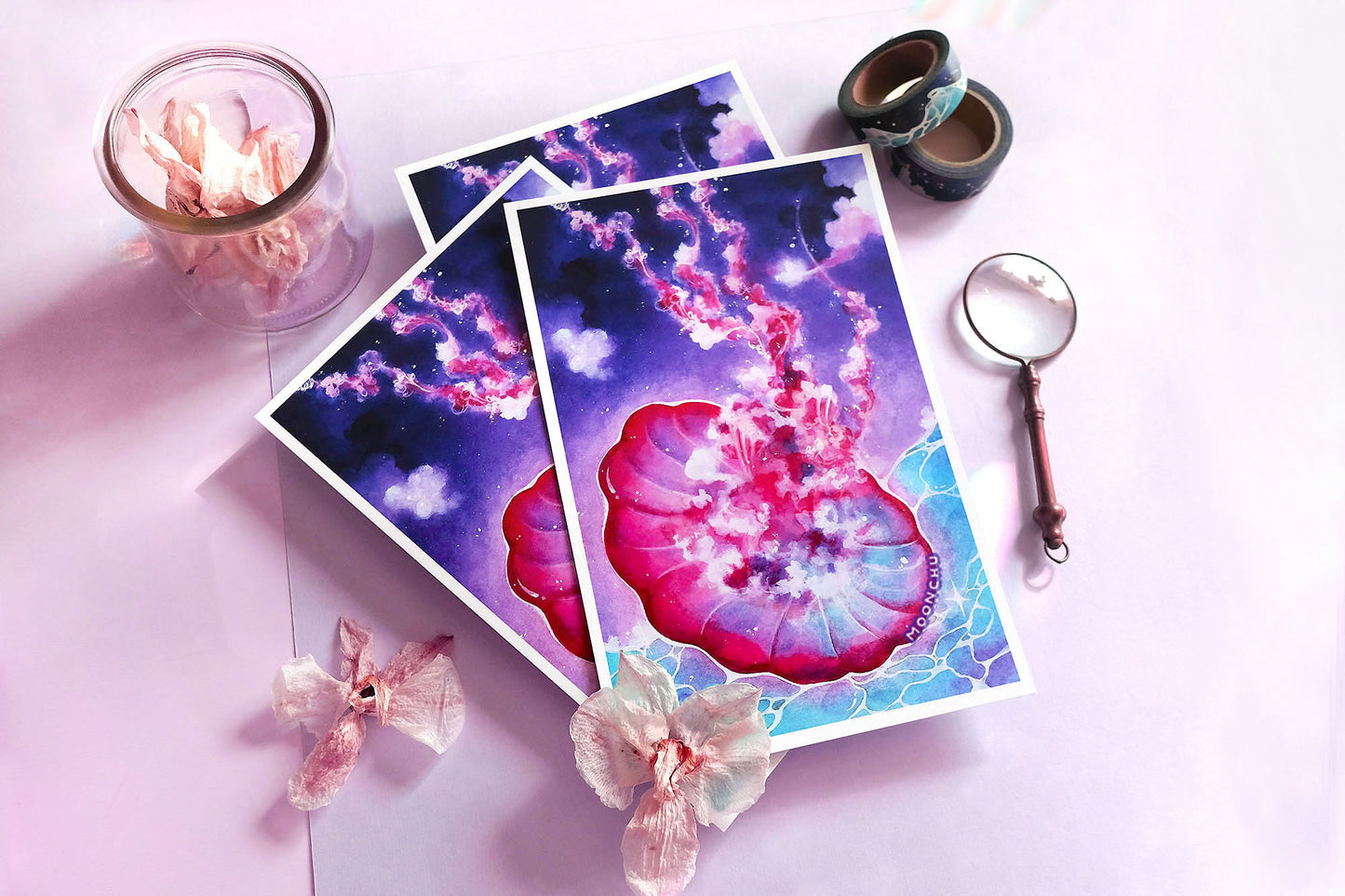 coalesce jellyfish art, mixed media art print