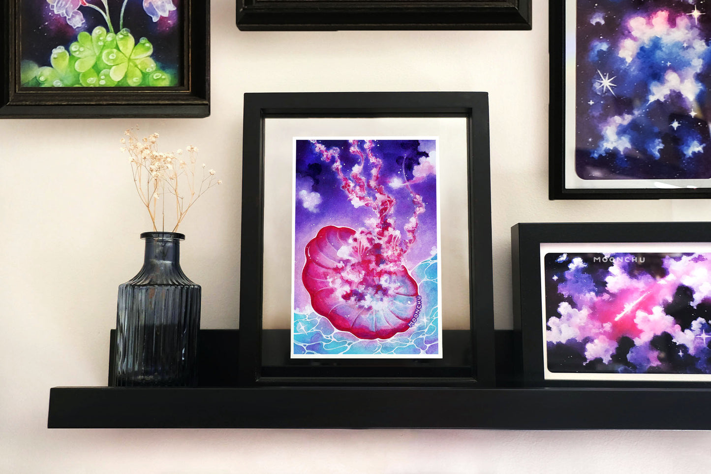 coalesce jellyfish art, mixed media art print