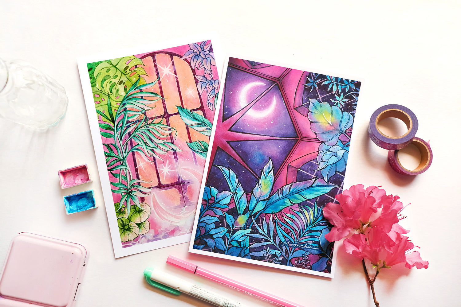 photo shows two other art prints within this series, both also botanical / conservatory / floral themed, with a crescent moon resting.