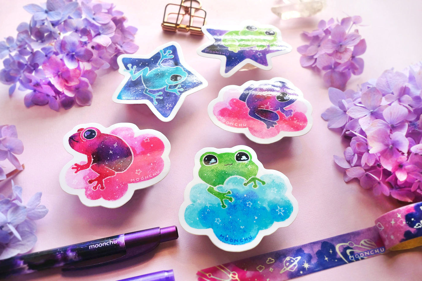 showing off how glossy the frog stickers are with light reflecting off of them.