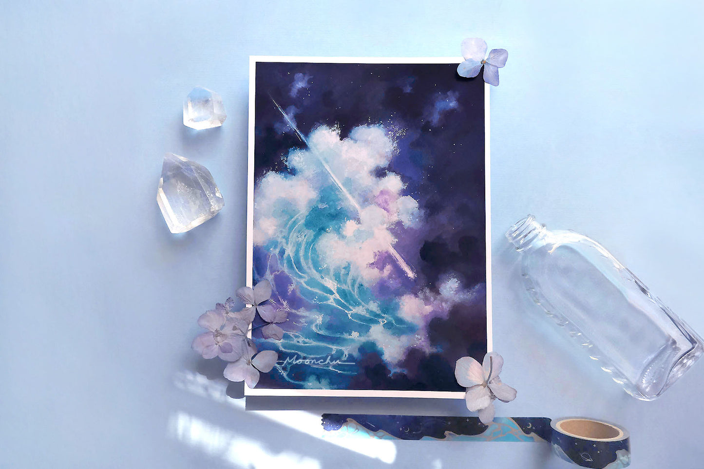 image features high quality art print illustration of a tidal wave, original painting by moonchu. very blue themed. a navy, dark cloudy night sky with a swelling blue and teal ocean wave with foamy white froth. a white comet pierces the wave. an art painting exploring themes of self worth and overcoming obstacles.