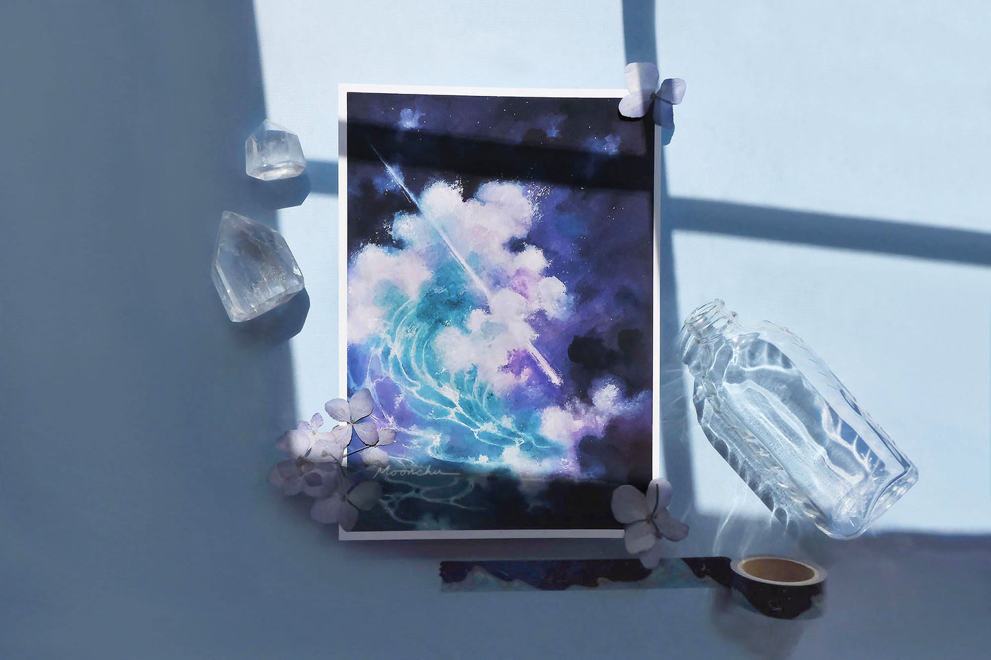 image features high quality art print illustration of a tidal wave, original painting by moonchu. very blue themed. a navy, dark cloudy night sky with a swelling blue and teal ocean wave with foamy white froth. a white comet pierces the wave. an art painting exploring themes of self worth and overcoming obstacles.