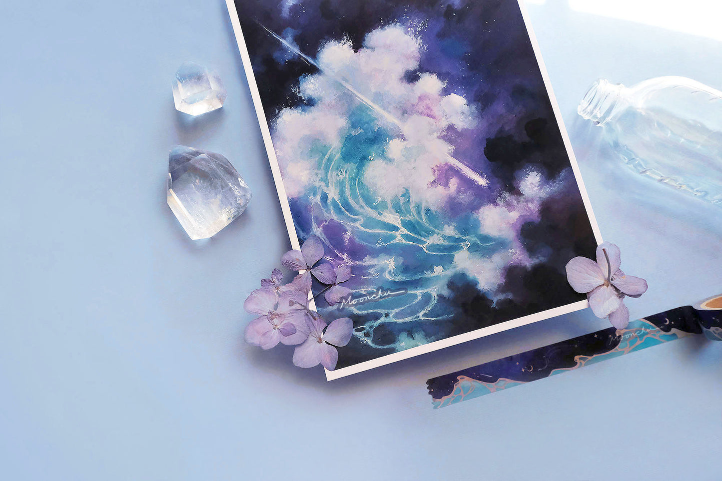 image features high quality art print illustration of a tidal wave, original painting by moonchu. very blue themed. a navy, dark cloudy night sky with a swelling blue and teal ocean wave with foamy white froth. a white comet pierces the wave. an art painting exploring themes of self worth and overcoming obstacles.