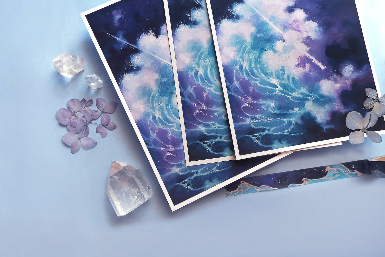 image features high quality art print illustration of a tidal wave, original painting by moonchu. very blue themed. a navy, dark cloudy night sky with a swelling blue and teal ocean wave with foamy white froth. a white comet pierces the wave. an art painting exploring themes of self worth and overcoming obstacles.