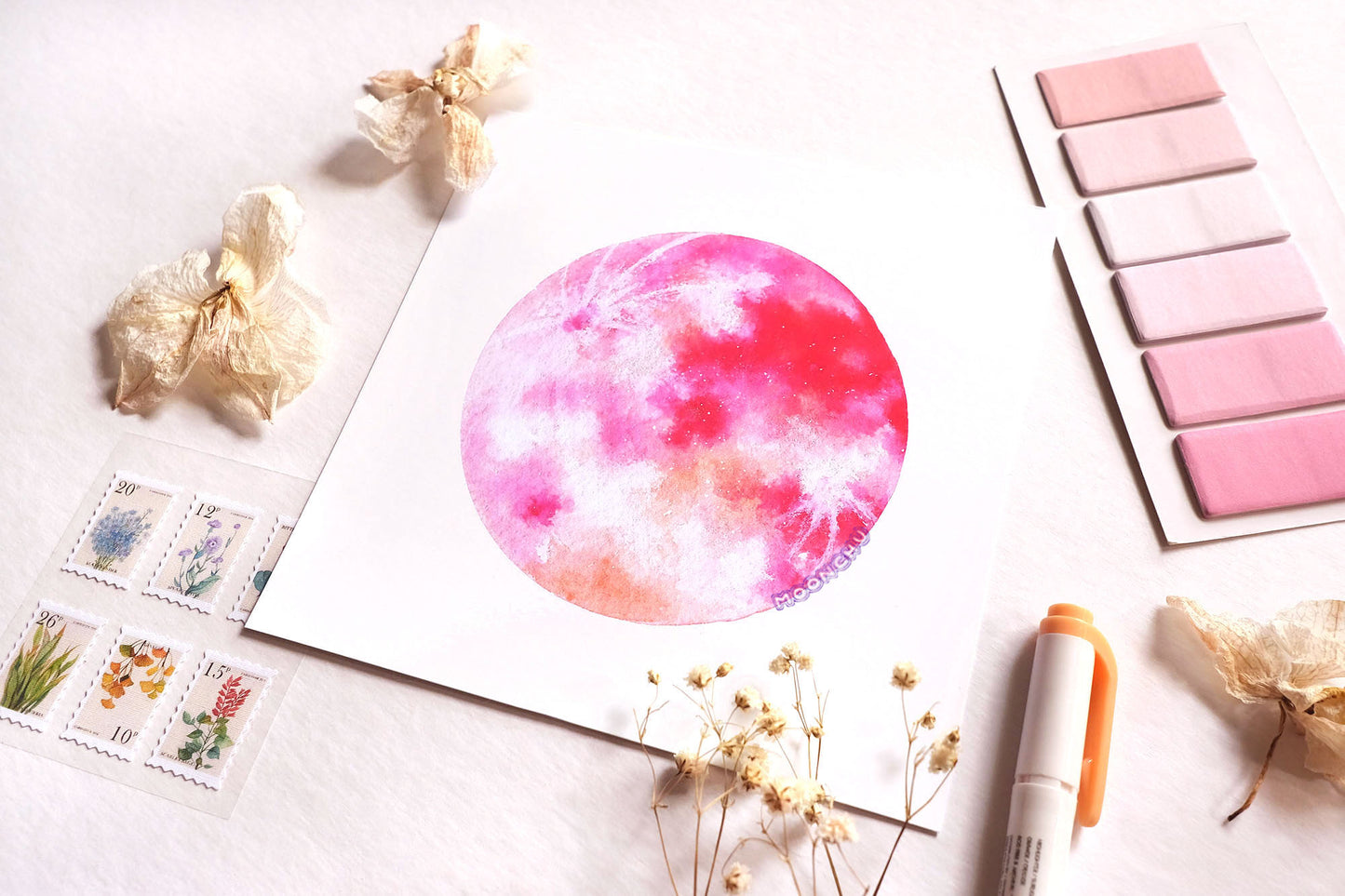 pink moon art, mixed media art print