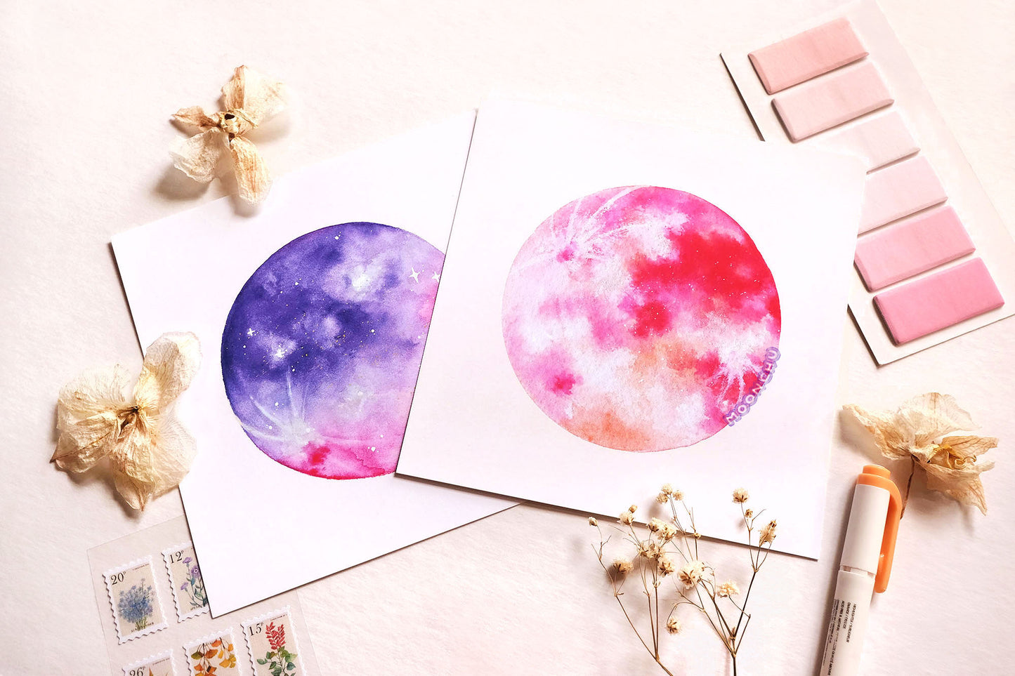 pink moon art, mixed media art print