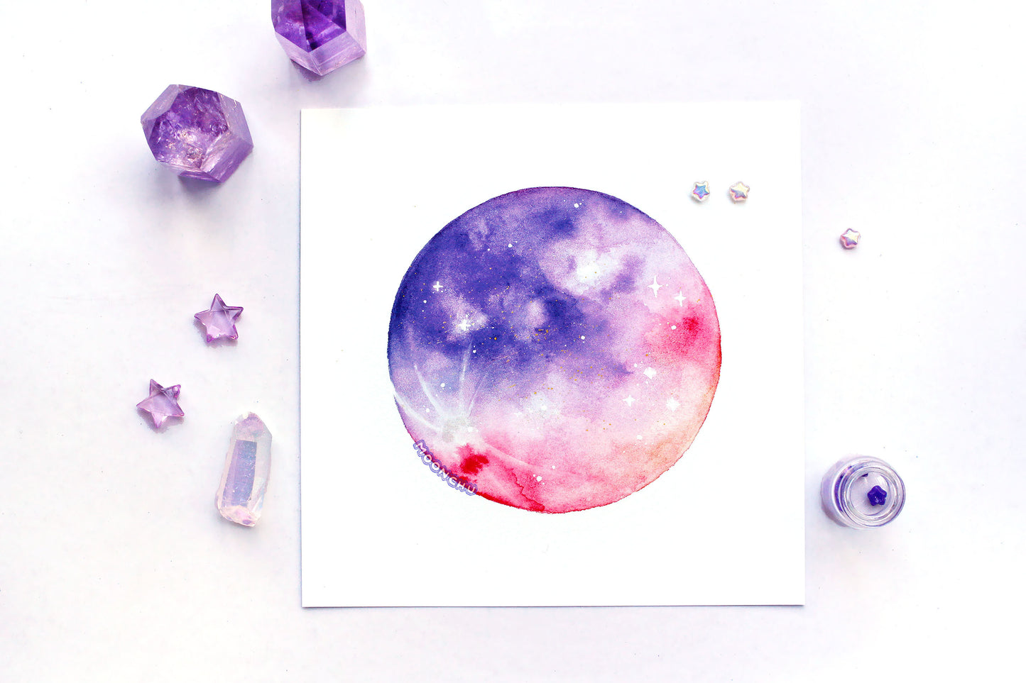 shimmering moon painting, embellished watercolour art print