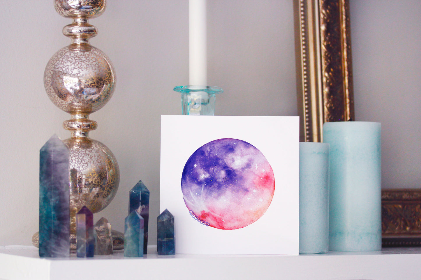 shimmering moon painting, embellished watercolour art print