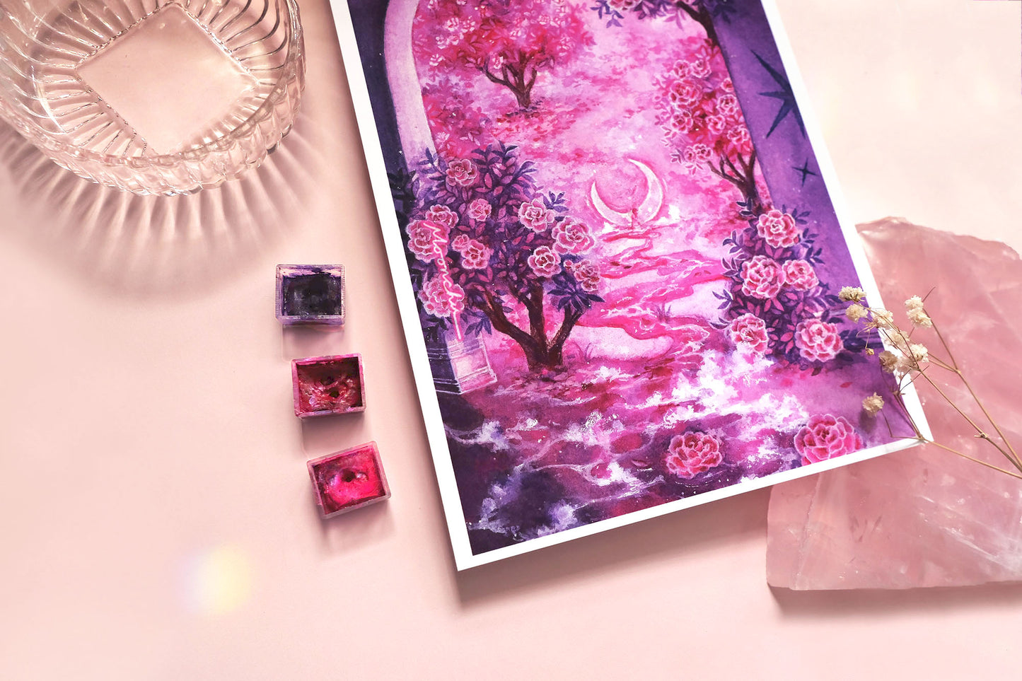 with the camellias flower art, A5 mixed media original art print