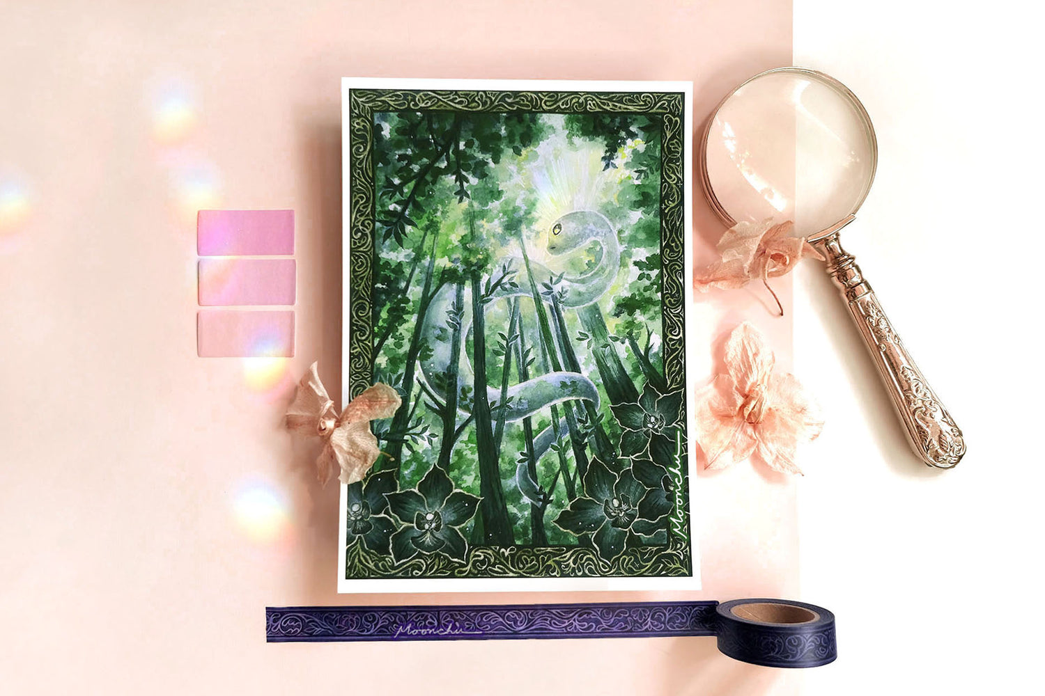 original mixed media art painting by moonchu depicting a lush, verdant snake winding through tall tree trunks. has an elaborate border with intricate dark green orchids framing the lower left and right. lunar new year art for growth inspiration, or if you are a snake lover or botanical friend. very green aesthetic, wooded forest illustration.