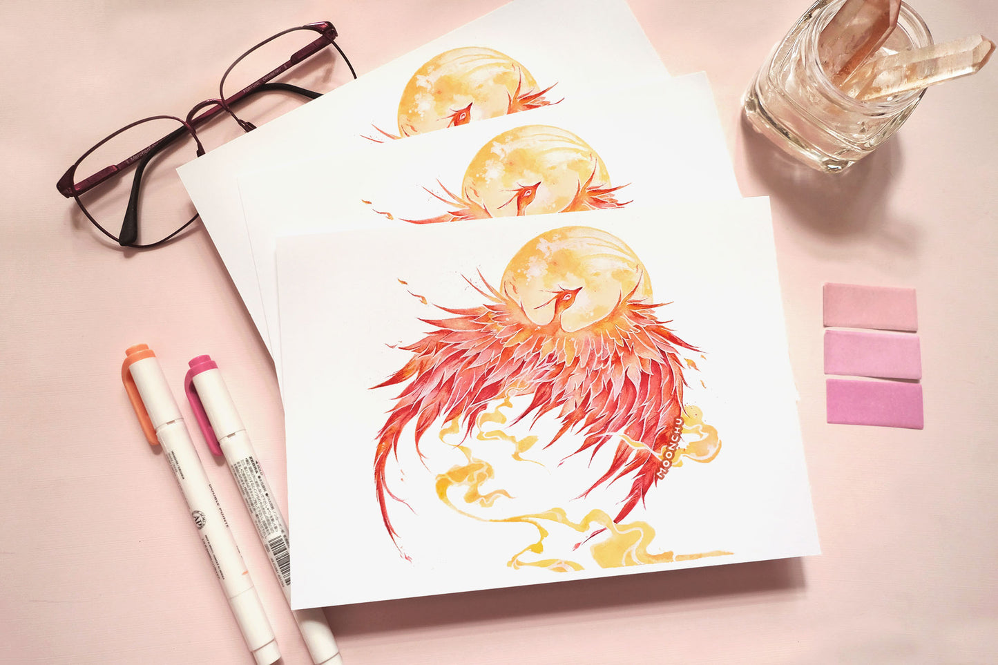 april's pink moon phoenix art, A5 watercolour art print