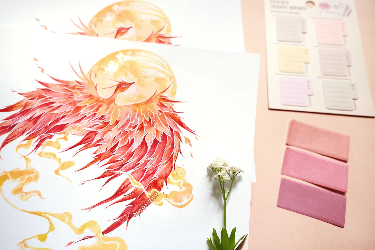 april's pink moon phoenix art, A5 watercolour art print