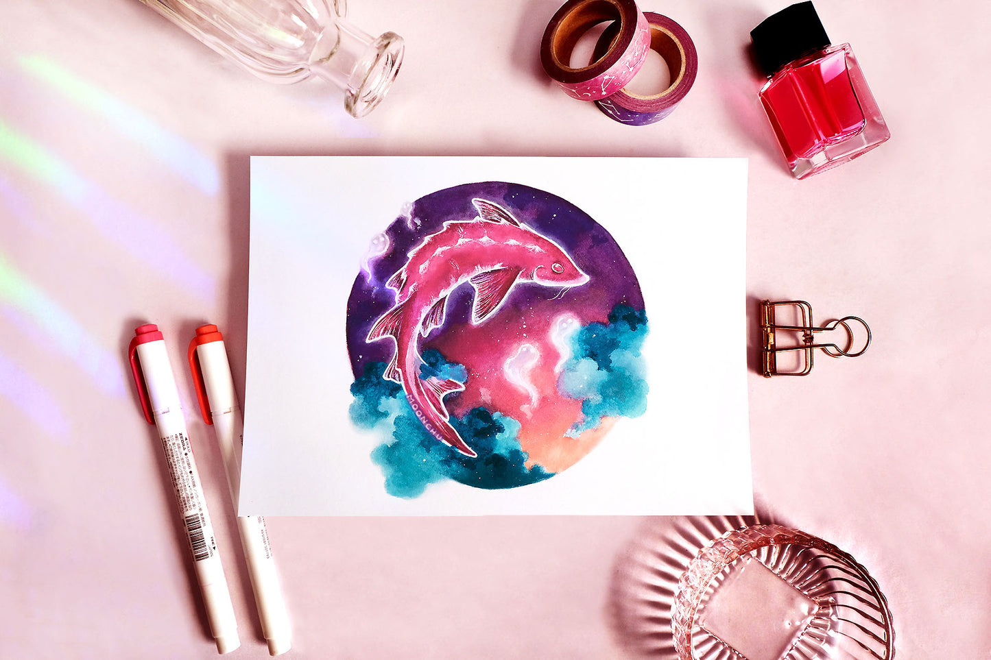 august's sturgeon moon, sturgeon art, A5 mixed media art print