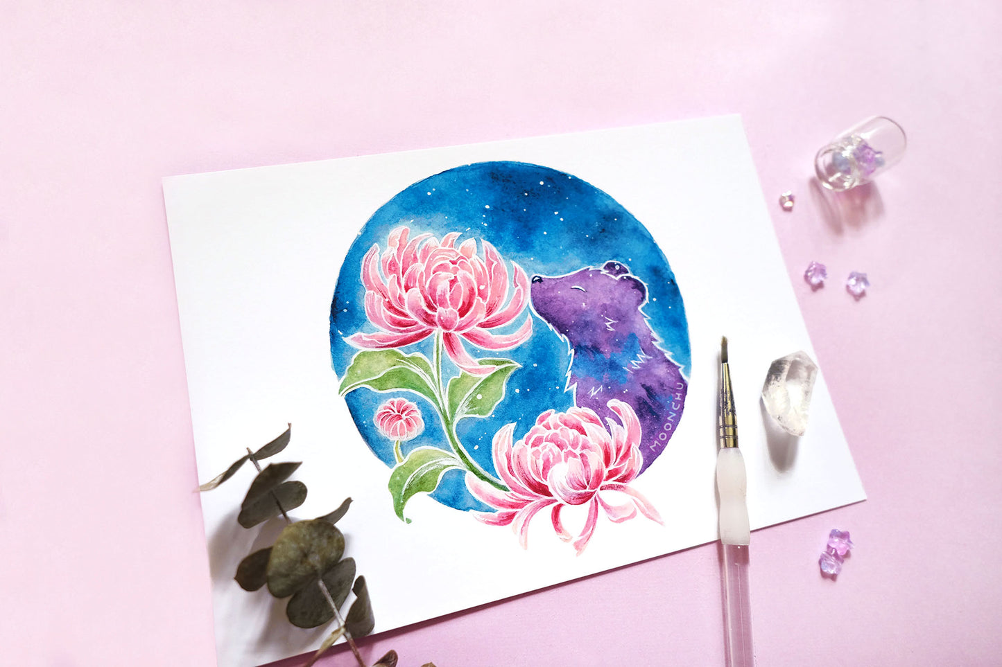 february's snow moon bear art, chrysanthemum art, A5 watercolour art print