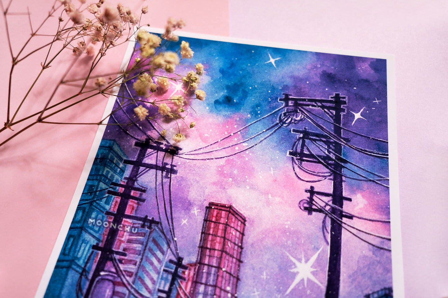 flurry snowy city art, A5 watercolour art print