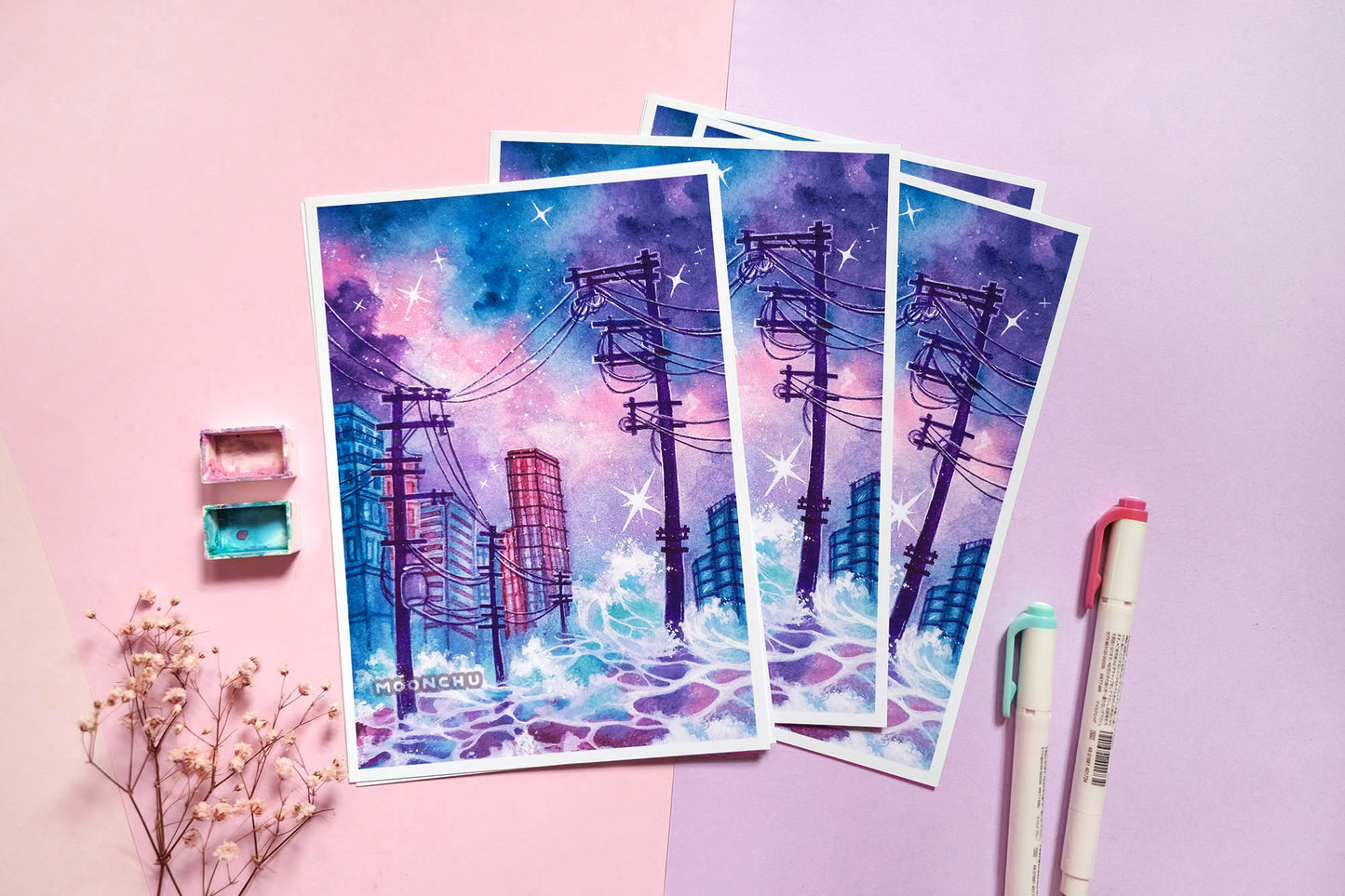 flurry snowy city art, A5 watercolour art print