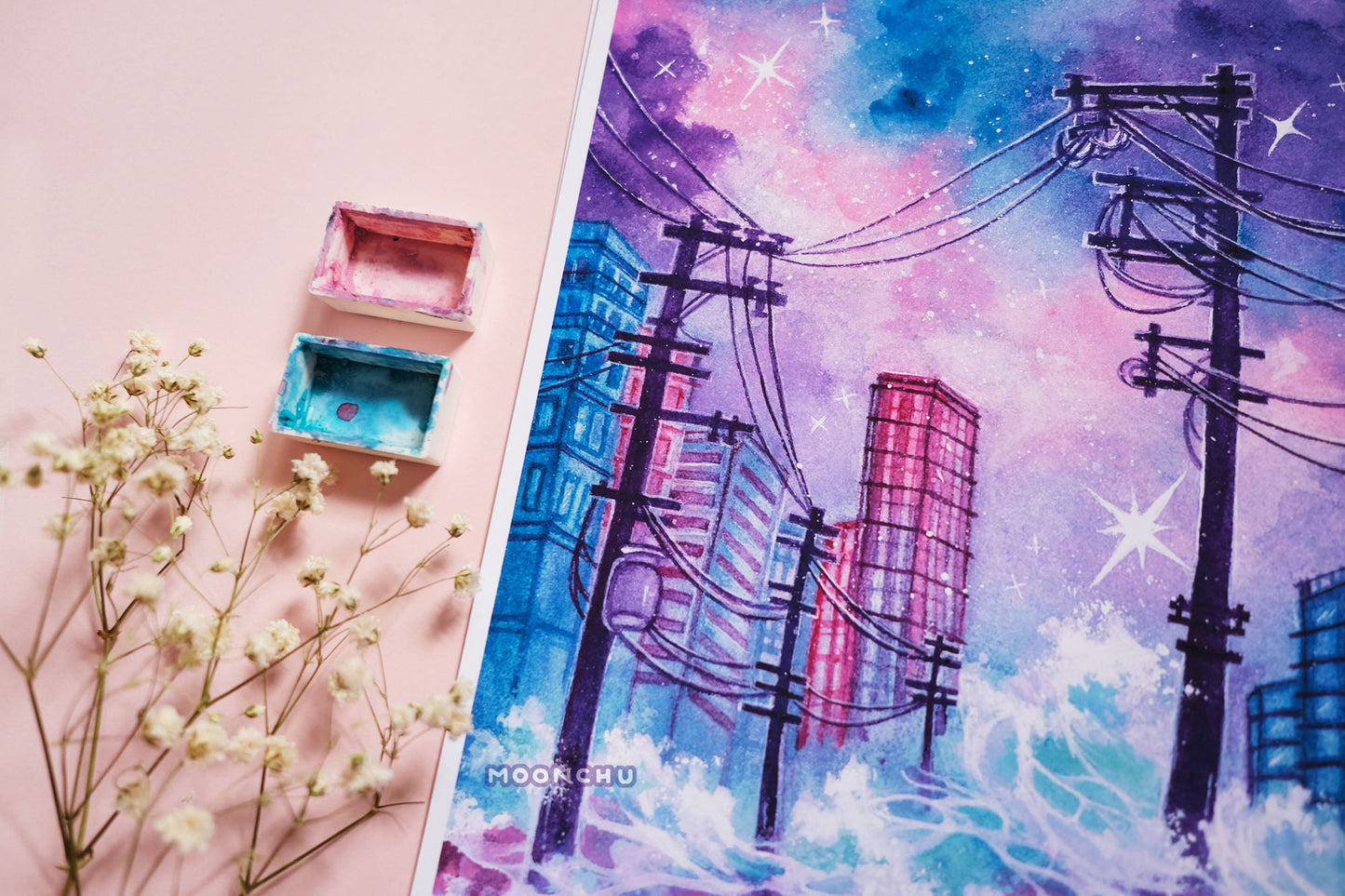 flurry snowy city art, A5 watercolour art print