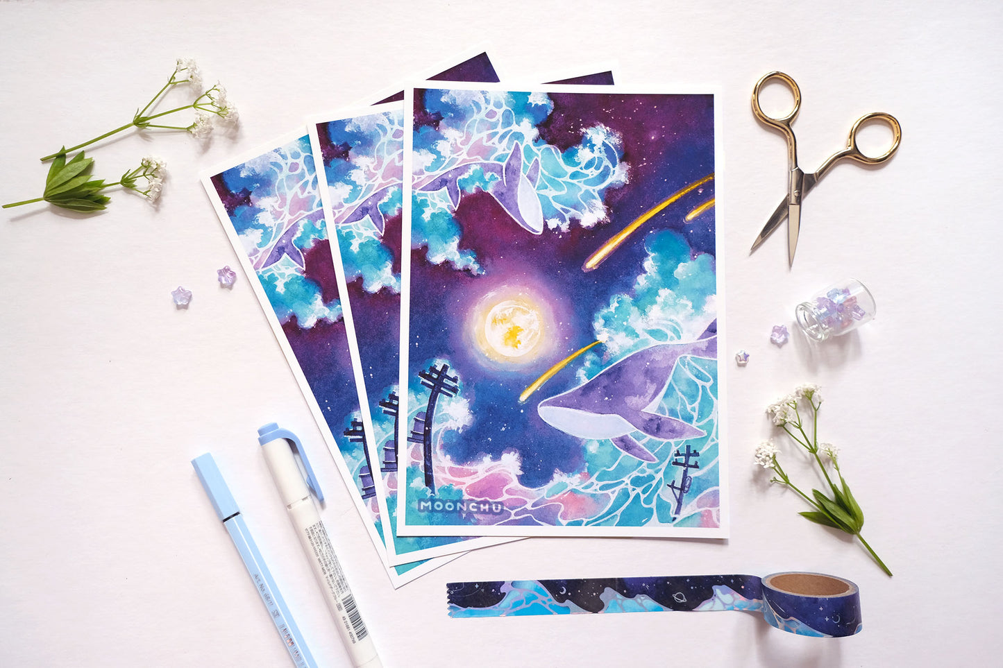 lament space whale art, A5 watercolour art print