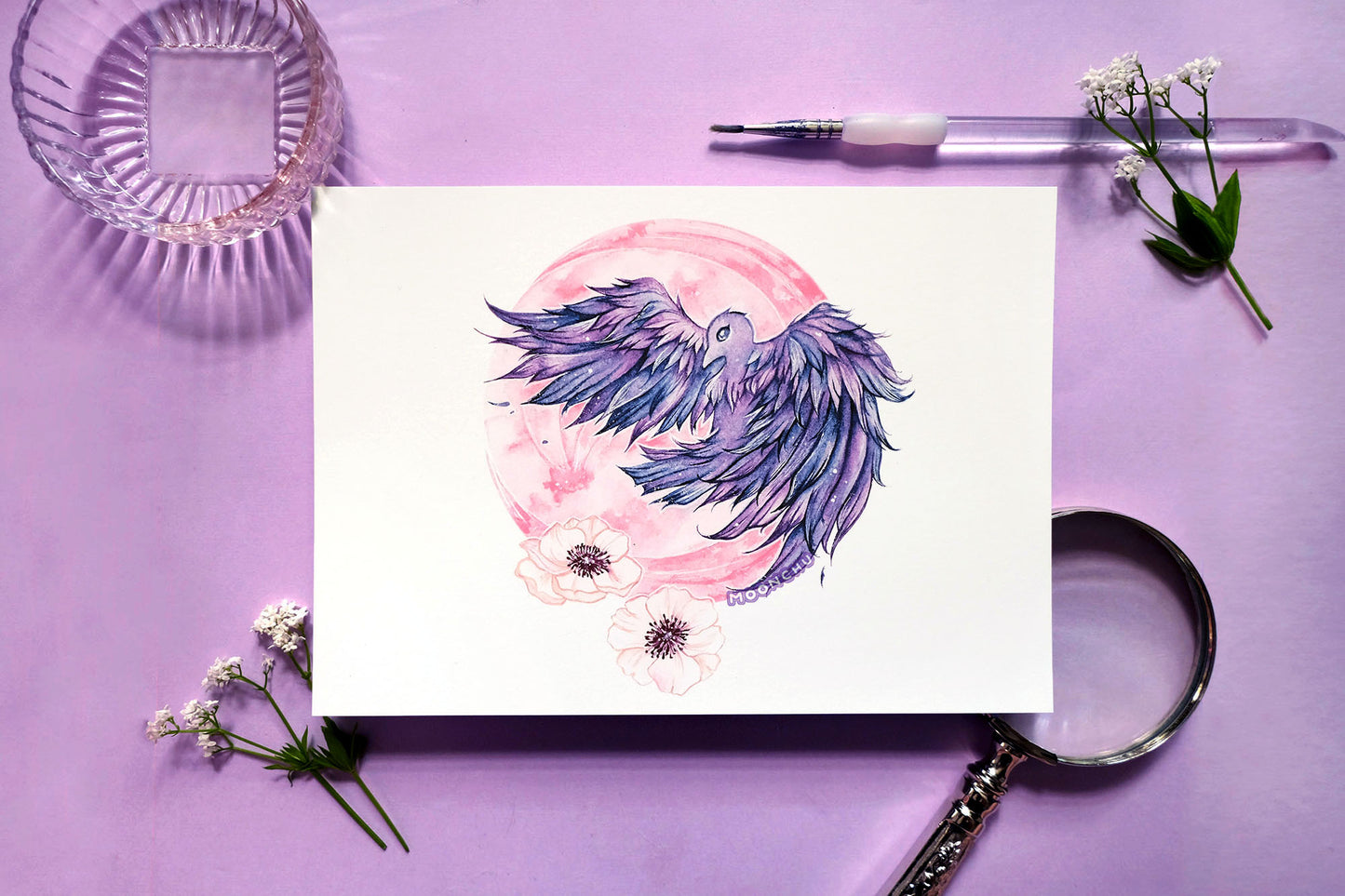 march's worm moon raven art, A5 watercolour art print