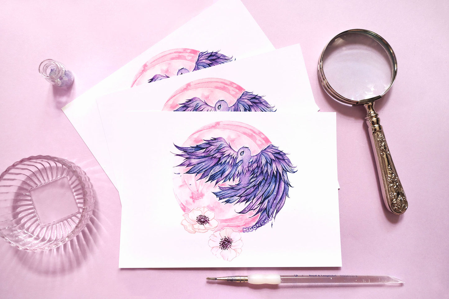 march's worm moon raven art, A5 watercolour art print