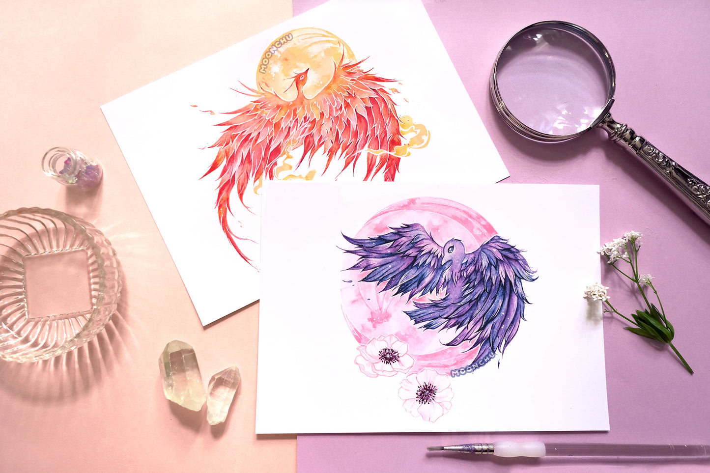 march's worm moon raven art, A5 watercolour art print