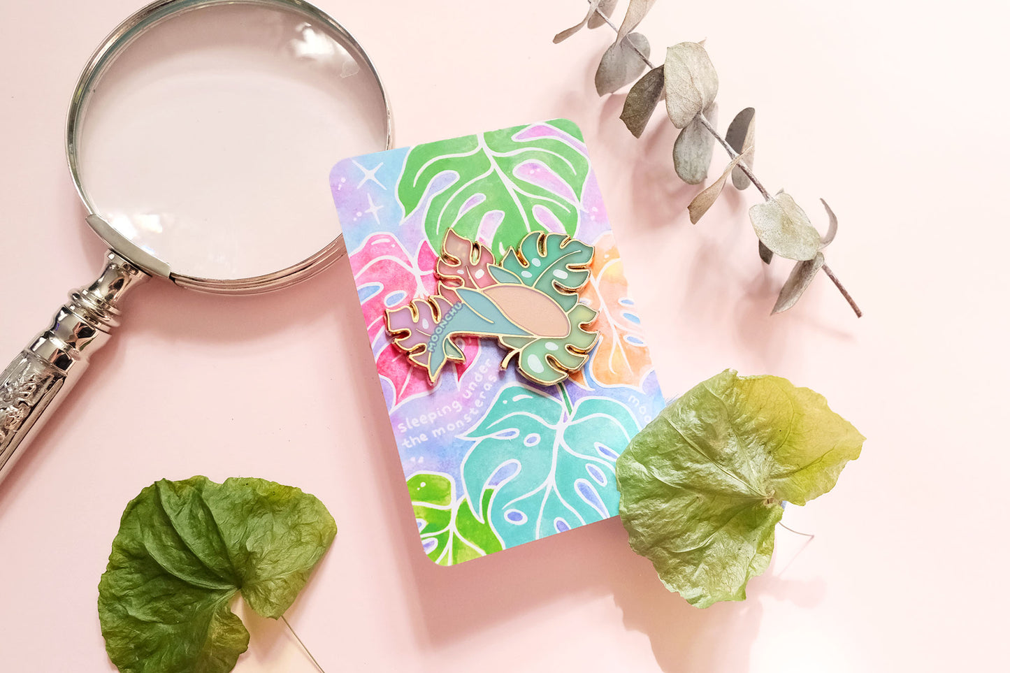 sleeping under the monsteras whale enamel pin, monstera leaf pin, plant whale pin