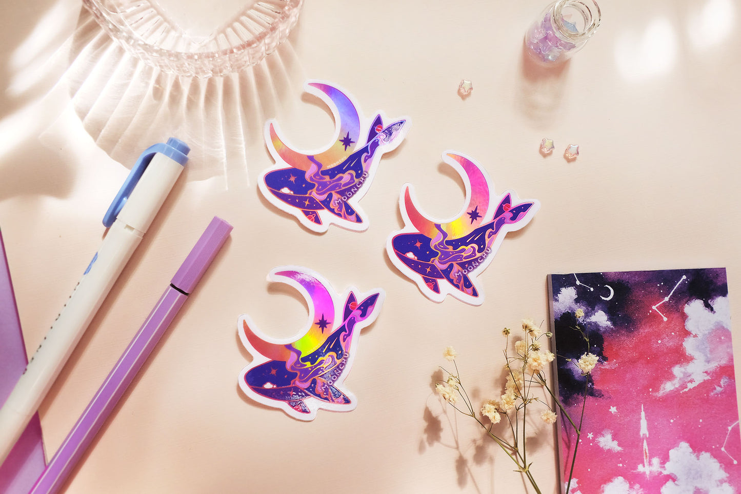moon guardian whale sticker, space whale sticker, holographic die cut vinyl sticker