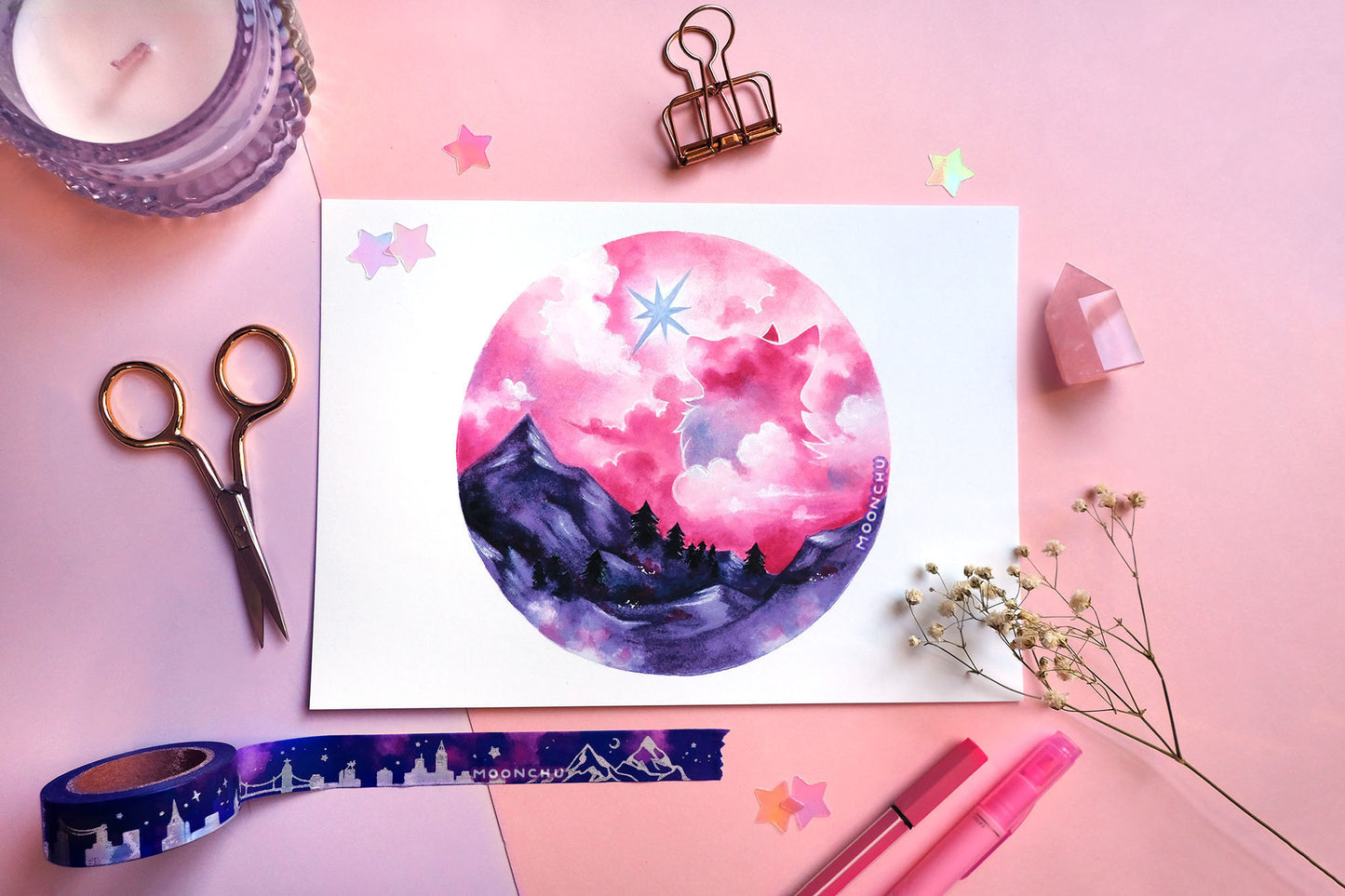 september's harvest moon pink mountain art, A5 mixed media art print