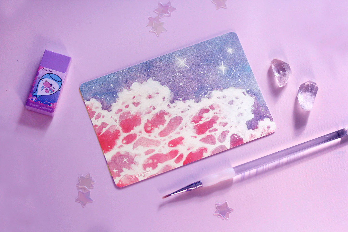 blushing shore pink ocean art, watercolour art print