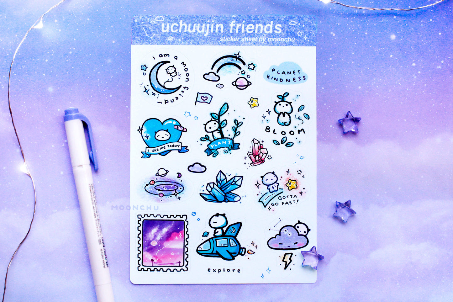 uchuujin friends alien sticker sheet, space friends sticker sheet, kiss cut