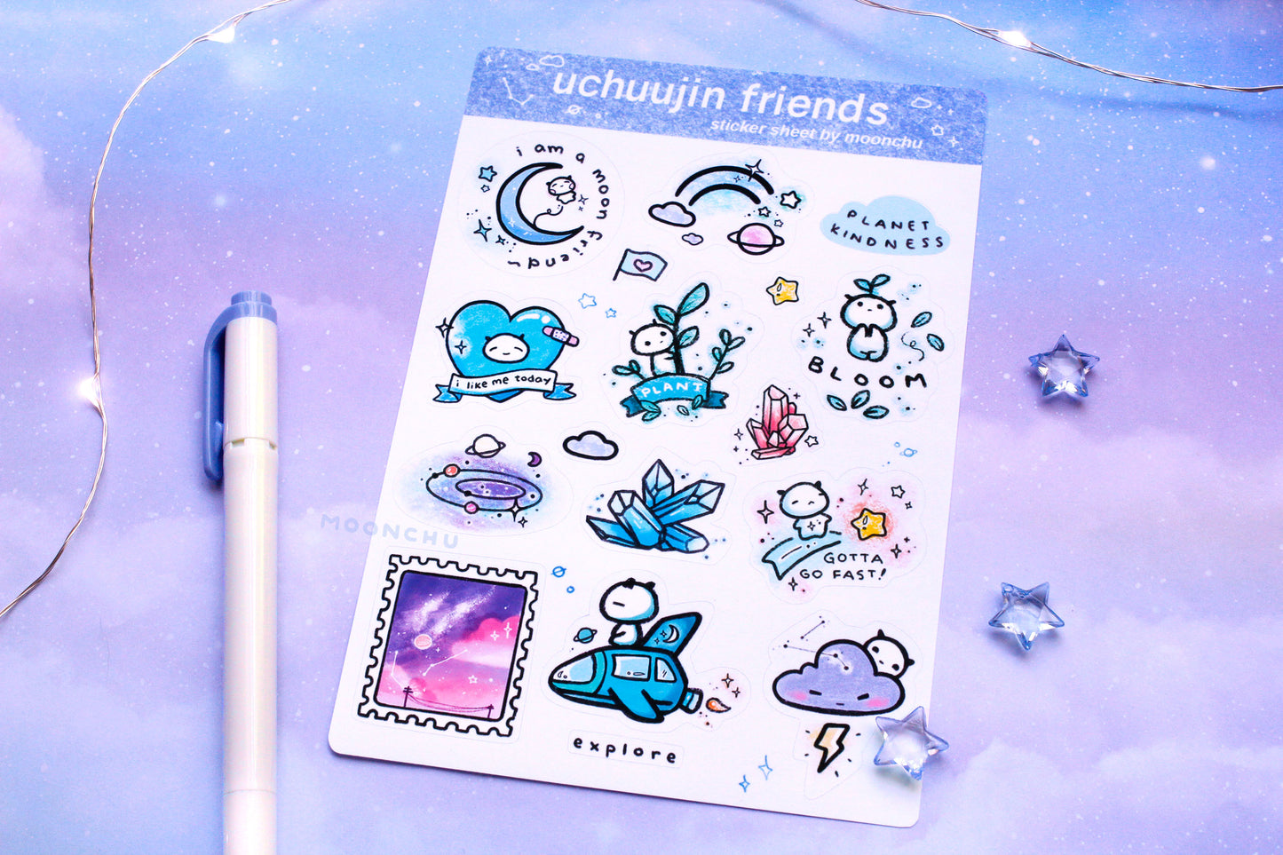 uchuujin friends alien sticker sheet, space friends sticker sheet, kiss cut