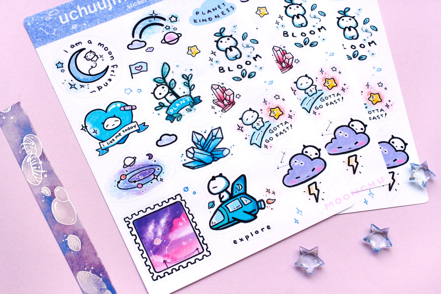 uchuujin friends alien sticker sheet, space friends sticker sheet, kiss cut