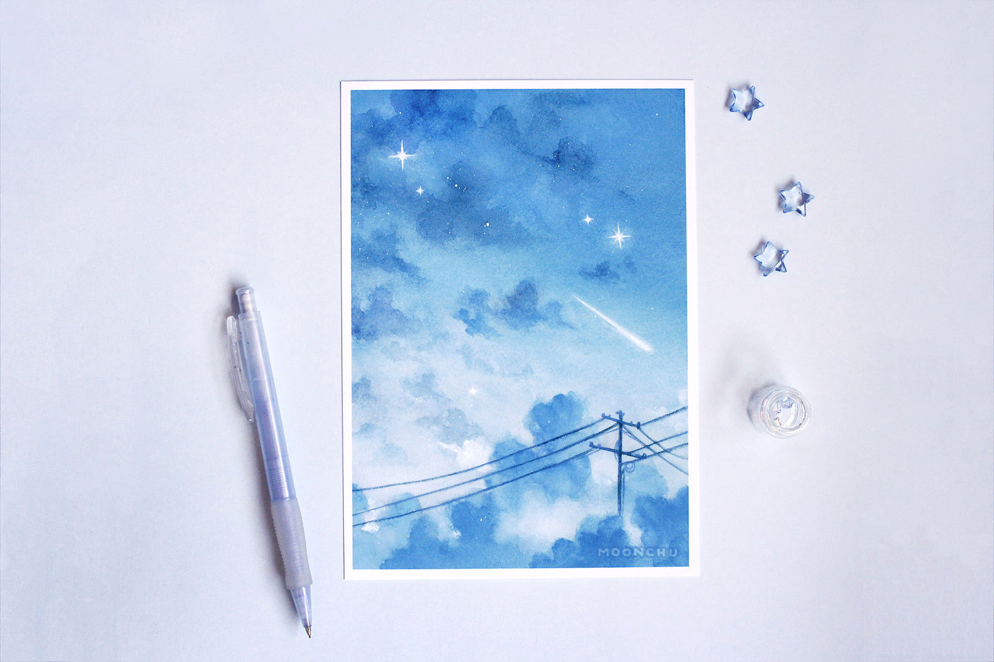 ignored texts, blue cloud sky art, A5 watercolour art print