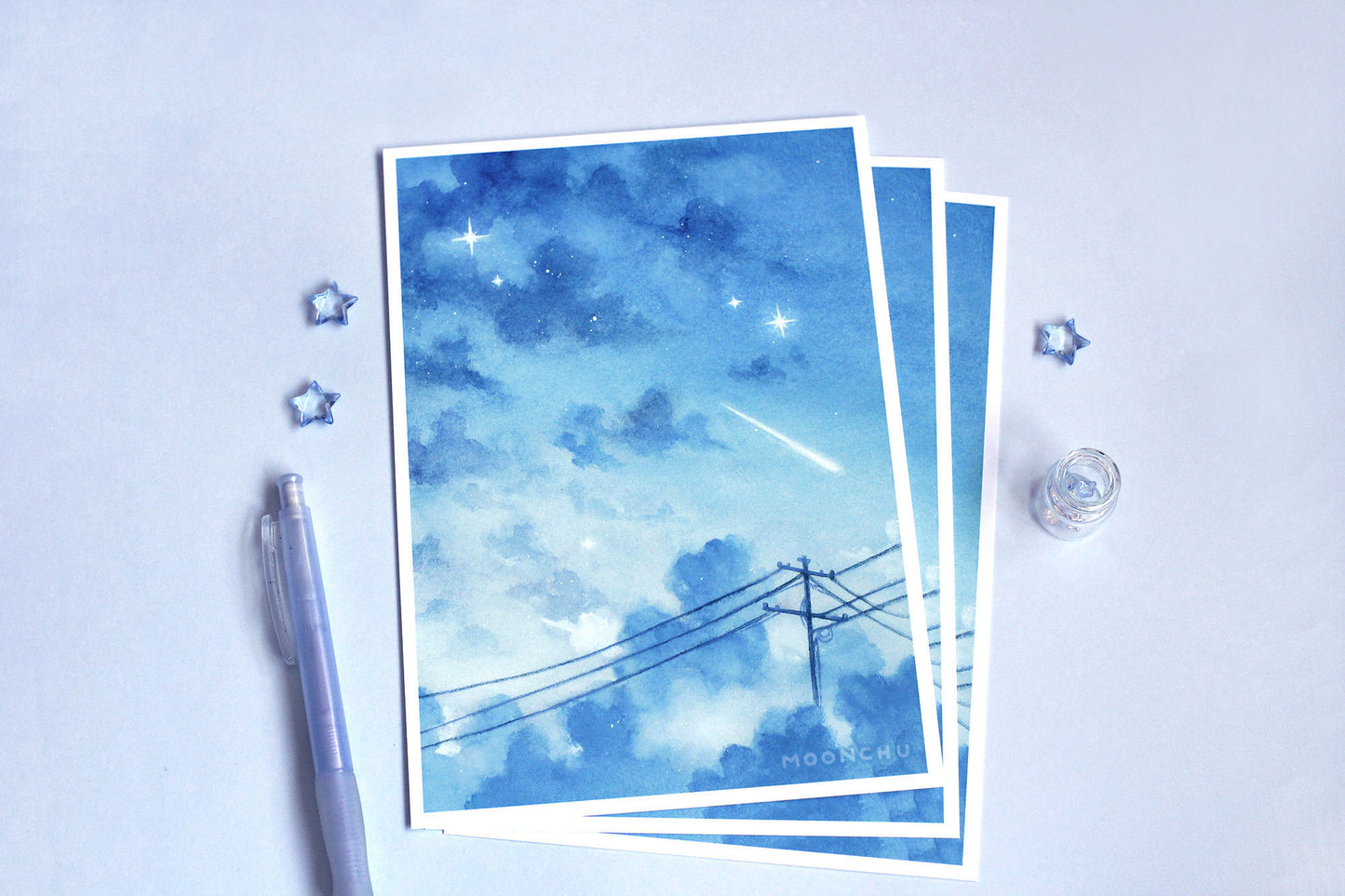 ignored texts, blue cloud sky art, A5 watercolour art print