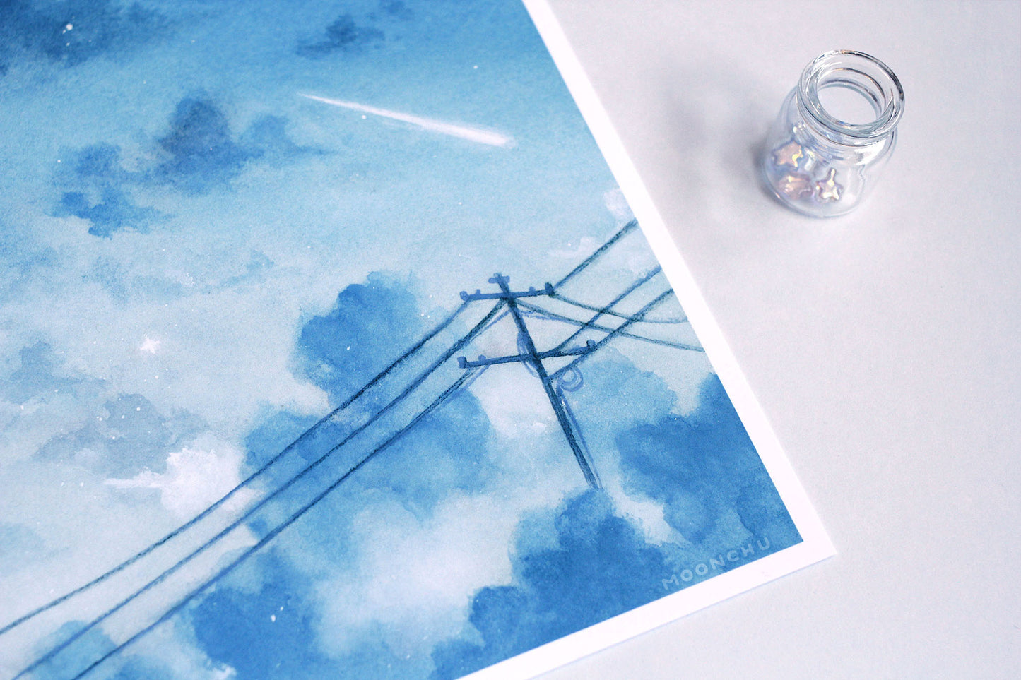 ignored texts, blue cloud sky art, A5 watercolour art print