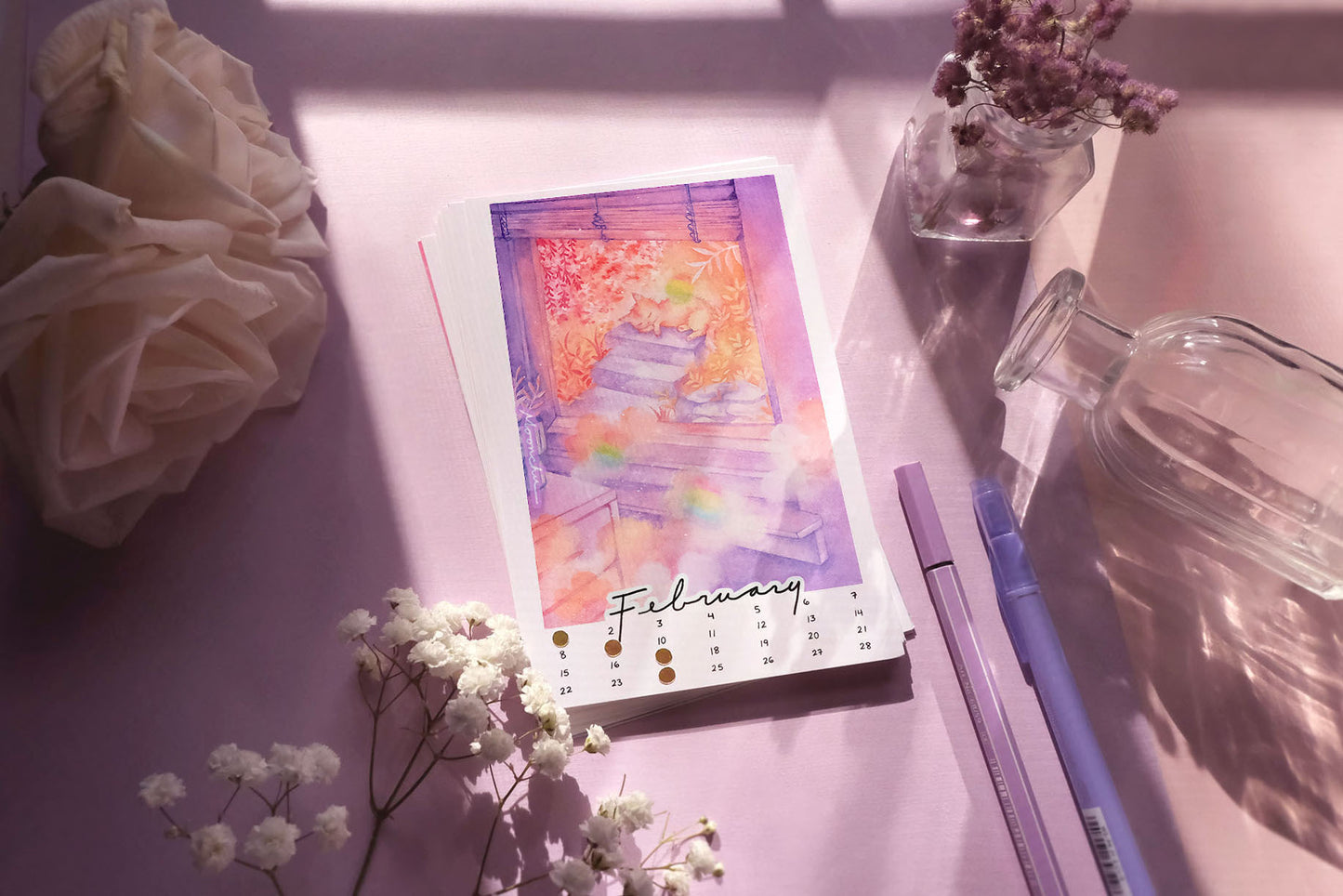 the month of february for the moonchu calendar. original illustration is predominantly soft purples and oranges of a view through a window pane. clouds and rainbow orbs float inside the house and out of the window. outside, a small orange cat slumbers upon a stoop with various orange foliage. pavement and stones are light purple. serene and peaceful. february is in cursive script at the bottom, hand-written numbers date the month. hand-placed golden circles notate the moon phases of the month.