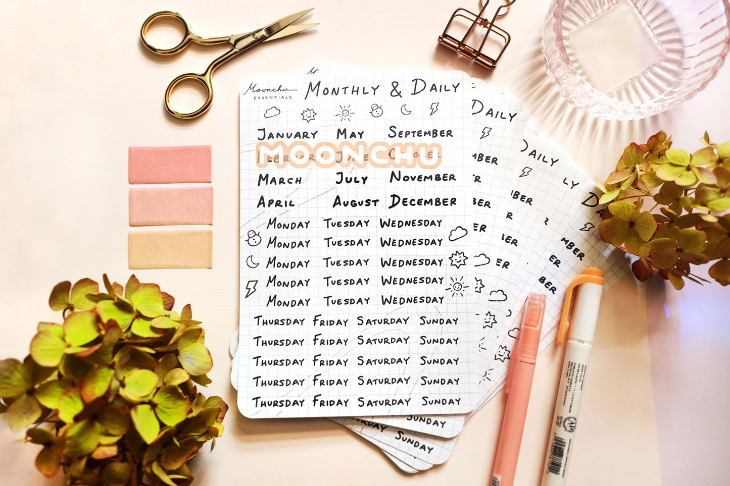 colorful / b&w UPPERCASE print weekly daily monthly productivity planner sticker sheet, unique typography font script stickers