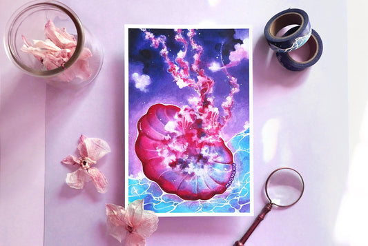 coalesce jellyfish art, mixed media art print