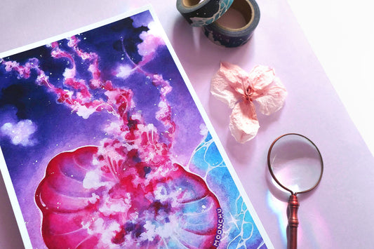 coalesce jellyfish art, mixed media art print