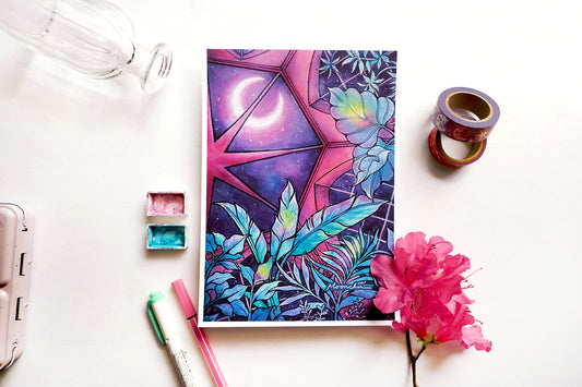 a quiet conservatory botanical art, A5 mixed media original art print
