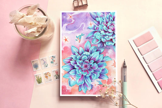 considering chrysanthemums mixed media art print