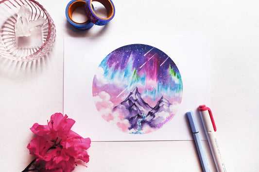 december's cold moon aurora borealis mountain art, A5 mixed media original art print