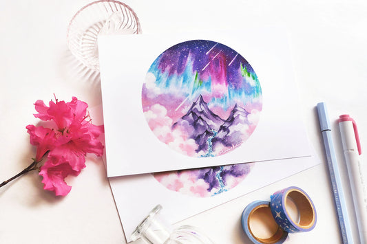 december's cold moon aurora borealis mountain art, A5 mixed media original art print