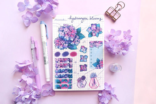 hydrangea blooms floral sticker sheet, kiss cut sticker sheet
