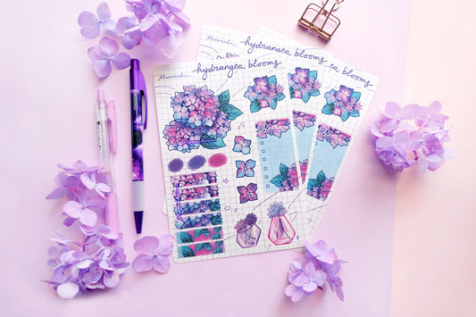 hydrangea blooms floral sticker sheet, kiss cut sticker sheet