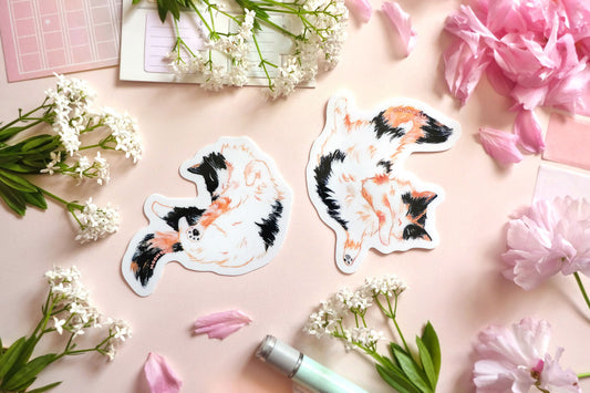 original cat illustrations by moonchu depicting a sweet little calico cat baby! with orange and black patches on fluffy white fur. one cute calico kitty is floating through space with her pose, while the other one is having a nice cat nap stretch. the rest of the flatlay consists of stationery items and flowers. sweet stickers for cat lovers.
