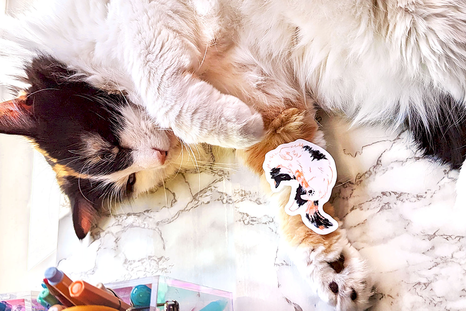 original calico cat sticker by moonchu perched upon the kitty that inspired the sticker herself! with an outstretched paw just like the watercolour illustration.