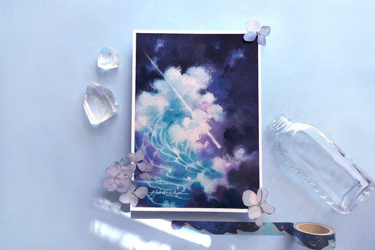 image features high quality art print illustration of a tidal wave, original painting by moonchu. very blue themed. a navy, dark cloudy night sky with a swelling blue and teal ocean wave with foamy white froth. a white comet pierces the wave. an art painting exploring themes of self worth and overcoming obstacles.